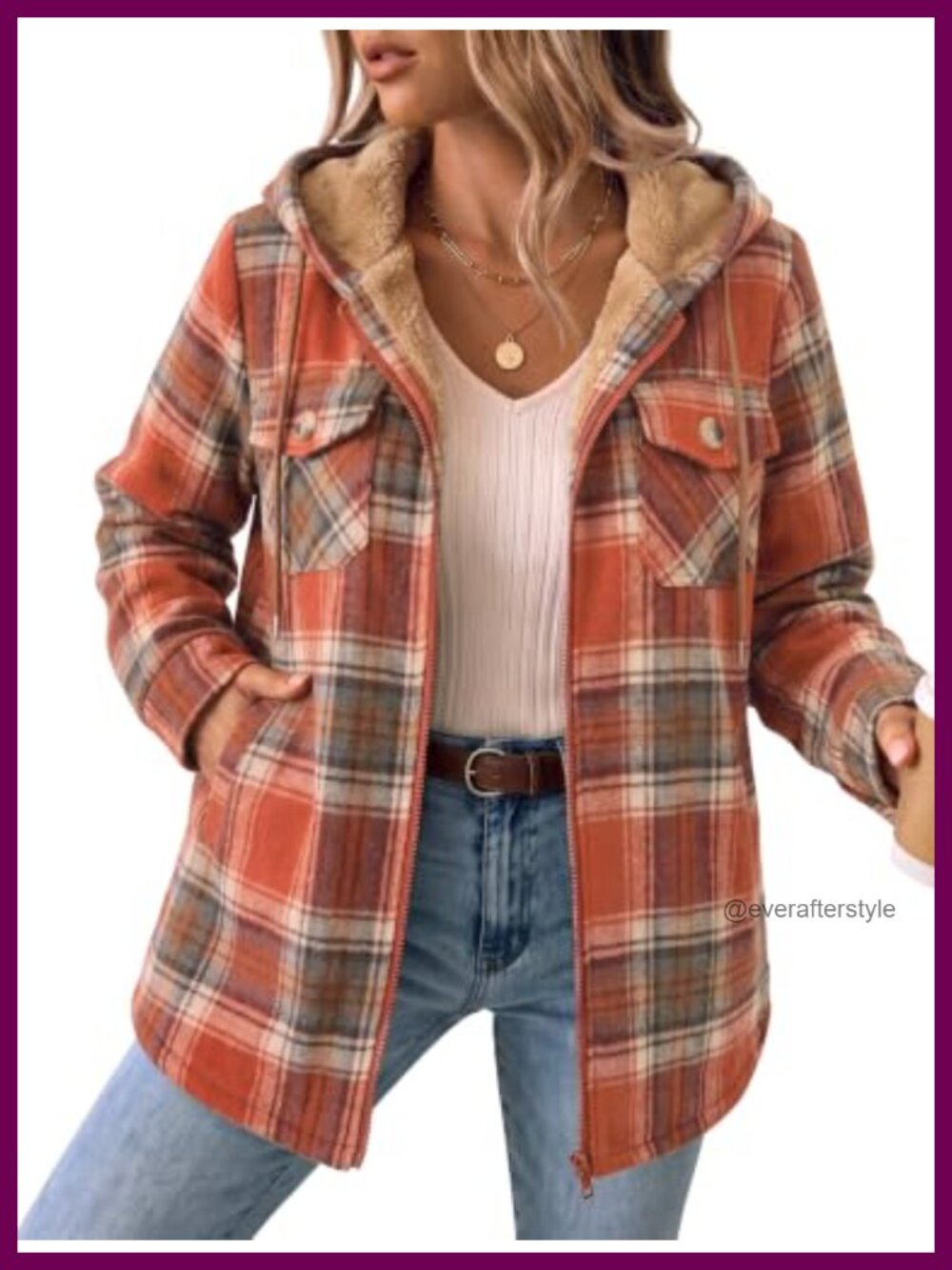 Womens Plaid Fleece Lined Shacket Hooded Winter Coat Loose Fit